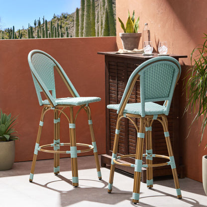 29.5" Outdoor PE Rattan and Aluminum French Barstools, Set of 2, Light Teal and Bamboo Finish