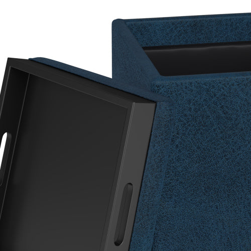 17 Inch Storage Ottoman with Tray Dark Blue Vegan Leather Cube