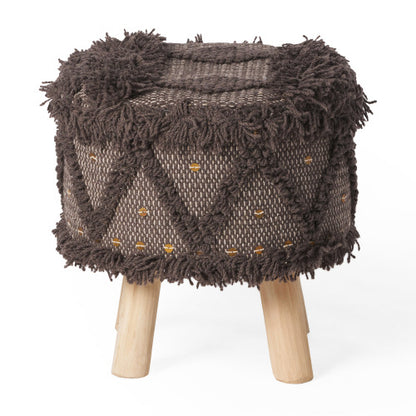 Handcrafted Wool & Cotton Boho Foot Stool Ottoman, Tufted with Metal Accents