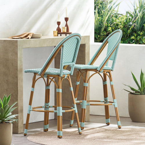 29.5" Outdoor PE Rattan and Aluminum French Barstools, Set of 2, Light Teal and Bamboo Finish