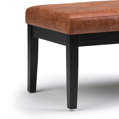 Distressed Saddle Brown Vegan Leather Tufted Ottoman Bench, Rectangular Entryway Footrest Seat with Wood Legs
