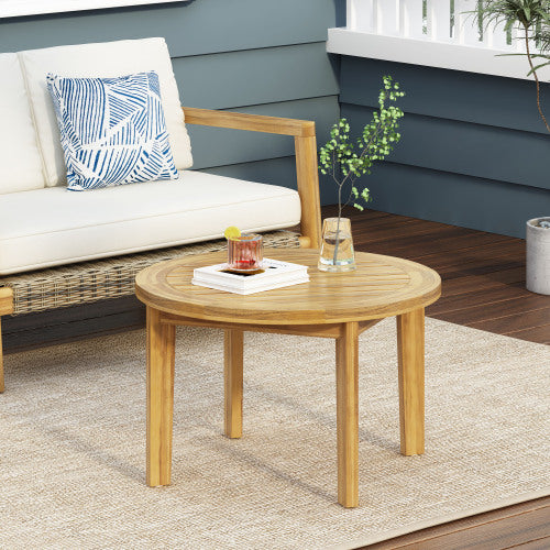 27 Inch Round Brown Acacia Wood  Slatted Coffee Table, Weather Resistant