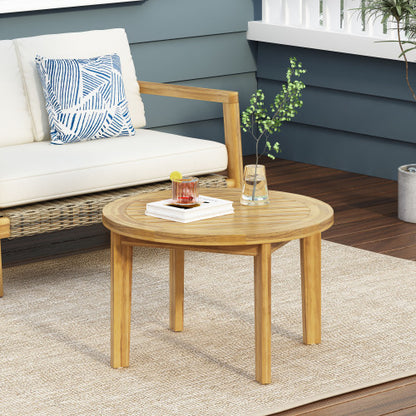 27 Inch Round Brown Acacia Wood  Slatted Coffee Table, Weather Resistant