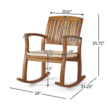 Acacia Wood Patio Outdoor Rocking Chair with Water Resistant Cushions Slat Panel Design