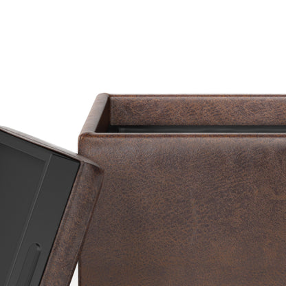 Storage Ottoman with Tray 17 Inch Cube Brown Vegan Leather Footrest