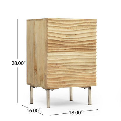 Modern Mango Wood Nightstand with Cabinet Door, 1 Shelf Bedside Table, Handmade Accent Side Table with Iron Legs