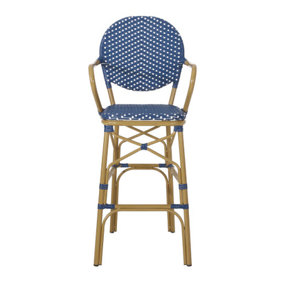 Outdoor Wicker and Aluminum 29.5" French Barstools, Set of 2, Navy Blue, Bamboo Print Finish