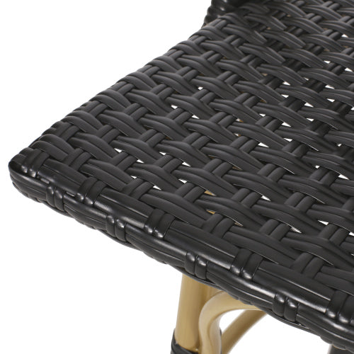 29.5" Outdoor PE Rattan and Aluminum French Barstools, Set of 2, Black and Bamboo Finish