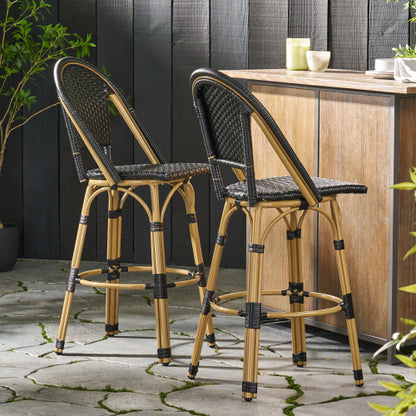 29.5" Outdoor PE Rattan and Aluminum French Barstools, Set of 2, Black and Bamboo Finish