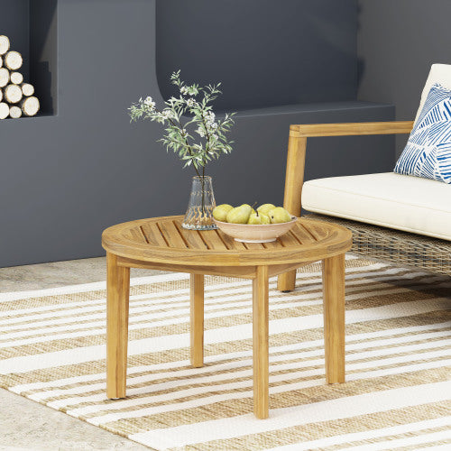 27 Inch Round Brown Acacia Wood  Slatted Coffee Table, Weather Resistant