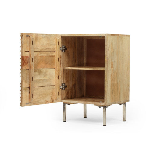 Modern Mango Wood Nightstand with Cabinet Door, 1 Shelf Bedside Table, Handmade Accent Side Table with Iron Legs