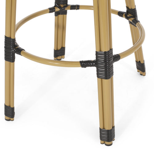 29.5" Outdoor PE Rattan and Aluminum French Barstools, Set of 2, Black and Bamboo Finish