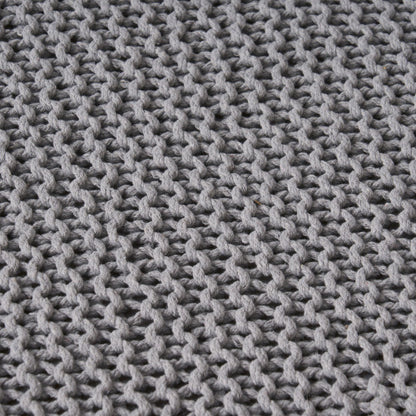 Light Gray Hand-Knitted Cotton Ottoman Foot Stool, Plush Cozy Compact Accent Seat