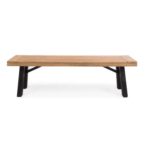 Outdoor Bench with Slat Panel Design and Acacia Wood Frame(Set of 2), Natural and Grey