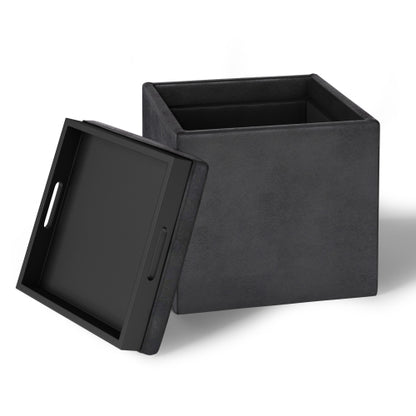 17 Inch Storage Ottoman with Tray Distressed Black Vegan Leather Cube