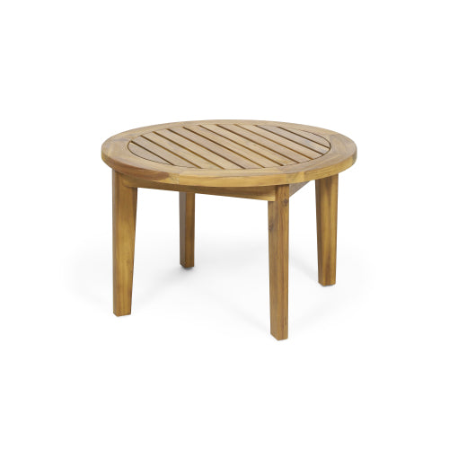27 Inch Round Brown Acacia Wood  Slatted Coffee Table, Weather Resistant