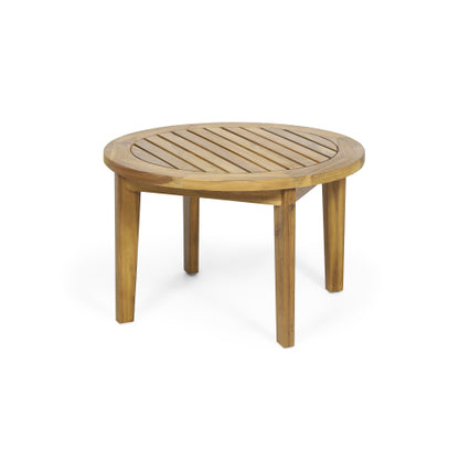 27 Inch Round Brown Acacia Wood  Slatted Coffee Table, Weather Resistant