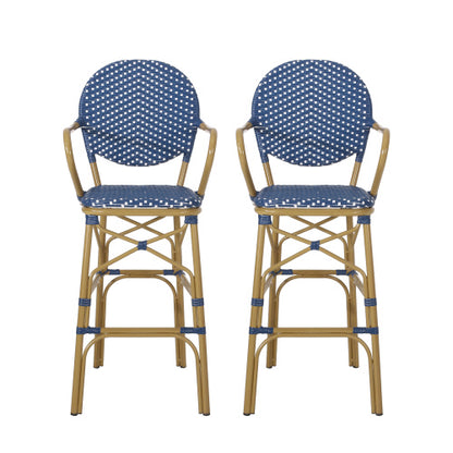 Outdoor Wicker and Aluminum 29.5" French Barstools, Set of 2, Navy Blue, Bamboo Print Finish