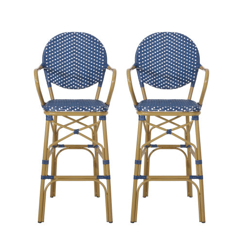 Outdoor Wicker and Aluminum 29.5" French Barstools, Set of 2, Navy Blue, Bamboo Print Finish