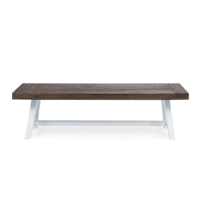Dark Brown Sandblast Finish Acacia Wood Dining Bench with White Rustic Metal Finish Frame