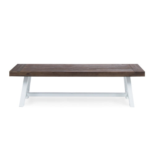 Dark Brown Sandblast Finish Acacia Wood Dining Bench with White Rustic Metal Finish Frame