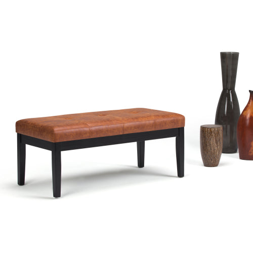 Distressed Saddle Brown Vegan Leather Tufted Ottoman Bench, Rectangular Entryway Footrest Seat with Wood Legs