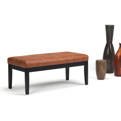 Distressed Saddle Brown Vegan Leather Tufted Ottoman Bench, Rectangular Entryway Footrest Seat with Wood Legs