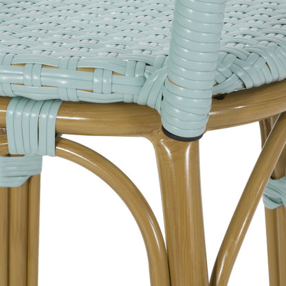29.5" Outdoor PE Rattan and Aluminum French Barstools, Set of 2, Light Teal and Bamboo Finish