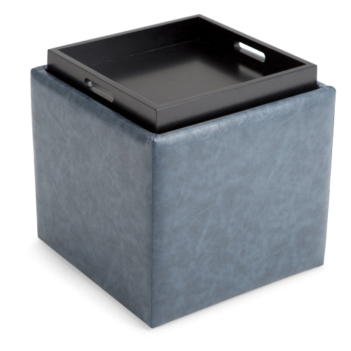 Denim Blue Vegan Leather Cube Storage Ottoman with Reversible Tray Lid, 17 Inch