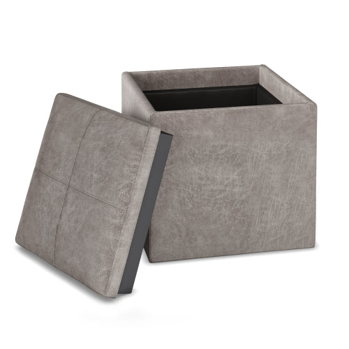 17 Inch Storage Ottoman with Tray Grey Taupe Leather Cube Footrest