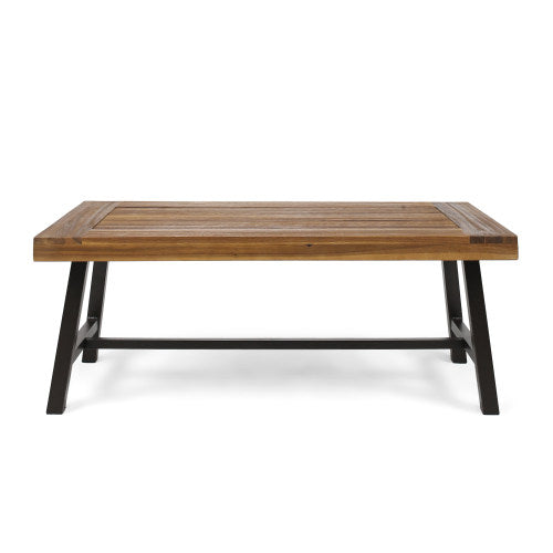 Modern Industrial Brown Acacia Wood Slat Coffee Table with Metal Frame