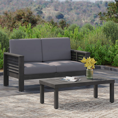 Acacia Wood Outdoor Loveseat and Coffee Table Set with Cushions, Dark Gray