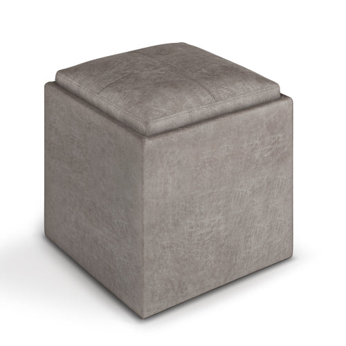 17 Inch Storage Ottoman with Tray Grey Taupe Leather Cube Footrest
