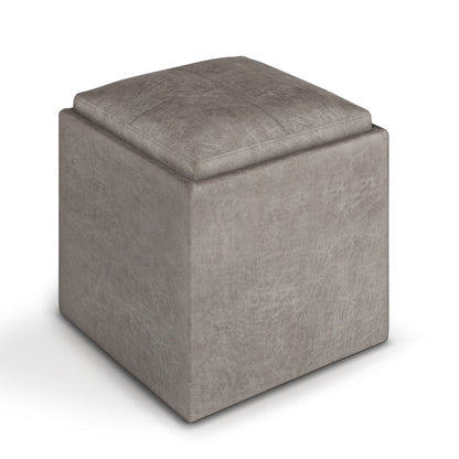 17 Inch Storage Ottoman with Tray Grey Taupe Leather Cube Footrest