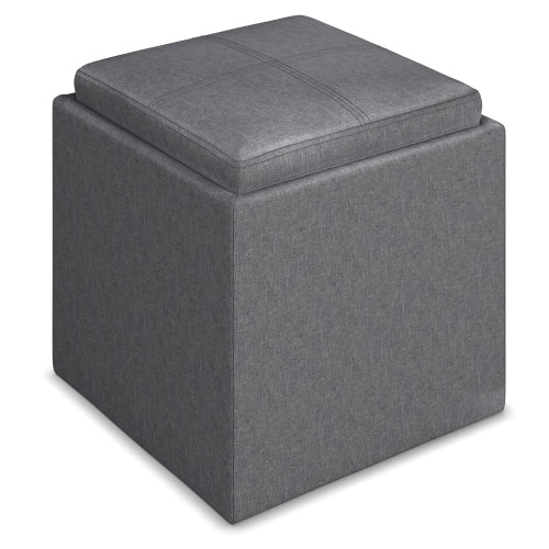 17 Inch Storage Ottoman with Tray Grey Linen Fabric Cube Footrest