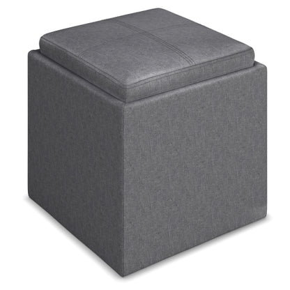 17 Inch Storage Ottoman with Tray Grey Linen Fabric Cube Footrest