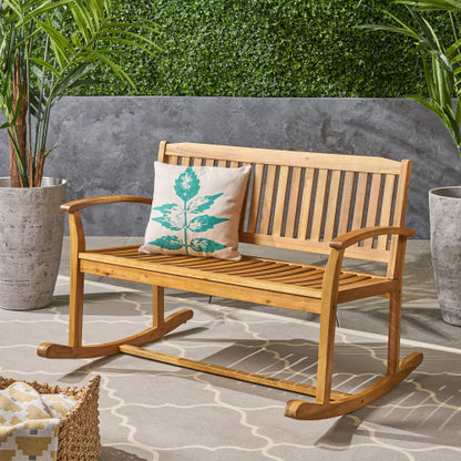 Patio Rocking Loveseat, 2 Person Outdoor rocker Bench, Acacia Wood Patio rocking Loveseat with Armrests, Slatted Seat & Backrest, Porch Rocking Bench for Backyard, Garden