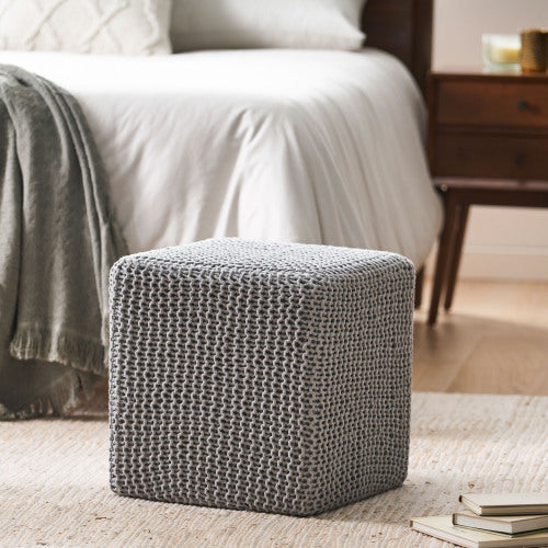 Light Gray Hand-Knitted Cotton Ottoman Foot Stool, Plush Cozy Compact Accent Seat