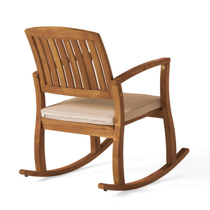 Acacia Wood Patio Outdoor Rocking Chair with Water Resistant Cushions Slat Panel Design