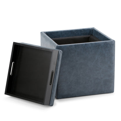 Denim Blue Vegan Leather Cube Storage Ottoman with Reversible Tray Lid, 17 Inch
