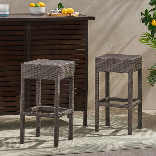 Outdoor PE Rattan Backless Barstools, Set of 2, Dark Brown