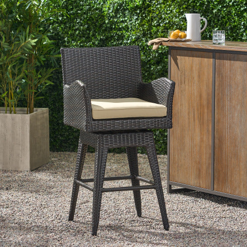 Modern Outdoor Multi-Brown Wicker Swivel Barstool with Tapered Legs, 1-Piece