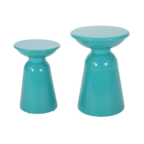 Serenita Outdoor Iron Side Tables with Flared Design, Set of 2 , Teal