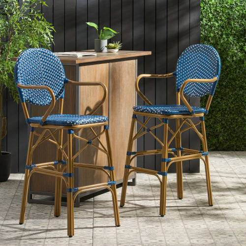 Outdoor Wicker and Aluminum 29.5" French Barstools, Set of 2, Navy Blue, Bamboo Print Finish