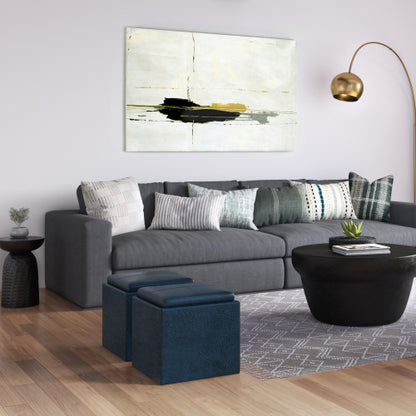 17 Inch Storage Ottoman with Tray Dark Blue Vegan Leather Cube