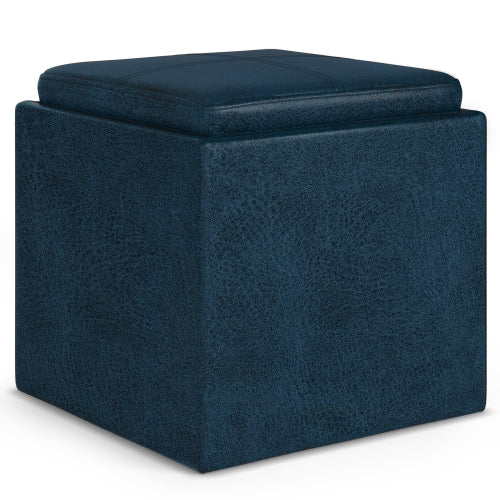 17 Inch Storage Ottoman with Tray Dark Blue Vegan Leather Cube