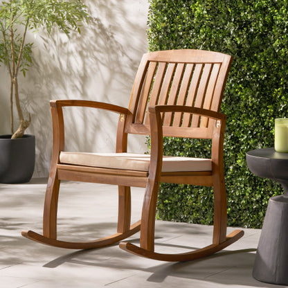 Acacia Wood Patio Outdoor Rocking Chair with Water Resistant Cushions Slat Panel Design