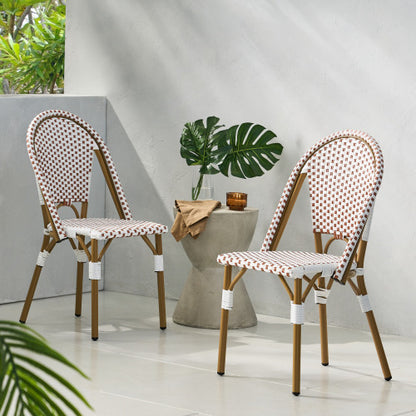 Outdoor PE Ratten and Aluminum French Bistro Chairs, Set of 2, Rusted Red & White, Bamboo Print Finish