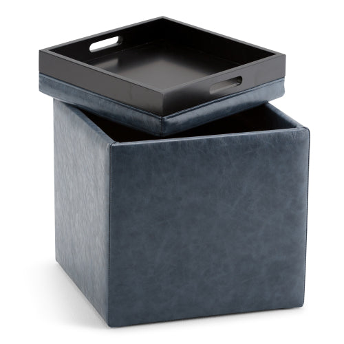 Denim Blue Vegan Leather Cube Storage Ottoman with Reversible Tray Lid, 17 Inch