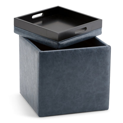 Denim Blue Vegan Leather Cube Storage Ottoman with Reversible Tray Lid, 17 Inch